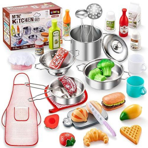Shimirth 37PcS Pretend Play Kitchen Accessories, Kids Kitchen Playset Stainless Steel Play Pots and Pans Sets for Kids, Apron chef Hat, cooking Utensils, Play Food, Kitchen Toys, gift for Boys girls