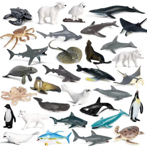 Rcomg 32Pcs Mini Sea Animal Figures Toy, Plastic Small Ocean Animal Figurine Set With Sharks Whales Arctic Animal Etc, Realistic Marine Miniature Playset For School Project,Cake Topper,Collection Gift