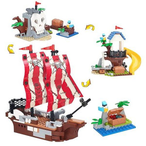Finebely 3In1 Pirate Ship Building Set With Treasure Island, Toy Pirates Island Building Kit, Outpost With Slide And Seesaw, Creative Playset Pirates Themed Gifts For Boys Ages 6 Years And Up, 260 Pcs