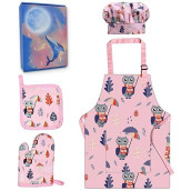 Kids Apron And Chef Hat Set With?Oven Mitt And?Hot Pad, Chef Outfit For Girls Aged 6-12 Kitchen Dress Up, Pink Cute Kids Apron Cotton With Pocket For?Painting Cooking Baking?Gardening