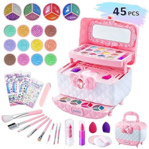 Auzeeg 45 Pcs Kids Makeup, Safe & Washable Kids Toys For Girl, Portable Princess Toys With Eyeshadow/Lipstick/Beauty Blender/Pressed Powder/Nail Sticker, Makeup Kit For Kid 3 4 5 6 7 8 9 10 Years Old