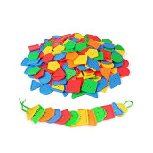 70 Pcs Montessori Lacing Threading Toy - Geometric Shaped Large Beads For Kids Crafts, Preschool Activities And Daycare Toys - Autism Learning Materials And Fine Motor Skills Toys For 3 4 5 6 Year Old