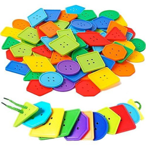 70 Pcs Montessori Lacing Threading Toy - Geometric Shaped Large Beads For Kids Crafts, Preschool Activities And Daycare Toys - Autism Learning Materials And Fine Motor Skills Toys For 3 4 5 6 Year Old