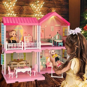 Bobxin Doll House For Girls, Dollhouse Building Toy, Dollhouse Furniture And Accessories, Light Up Dollhouse With Doll, Diy Cottage Pretend Play Princess House For Toddlers And Kids (4 Rooms)