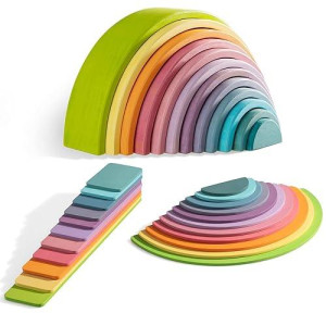 Merryheart Wooden Rainbow Stacker Set - Rainbow Stacking Toy Set With Rainbow Stacker, Semicircle, Building Board - Waldorf Wooden Open Ended Stacking Toys - Great For As Gift (Pastel Rainbow-3 Pack)