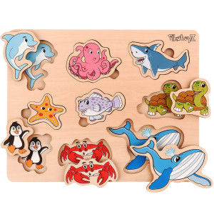 Pikatoyz Wood Puzzles For Toddlers 1-3. Wooden Toys For 1 2 3 Year Old Of Sea Animal Puzzles For Kids. Ideal Montessori Puzzle Gift. Baby Puzzles For Travel. Improved Peg Puzzles For 1 2 3 Year Old.