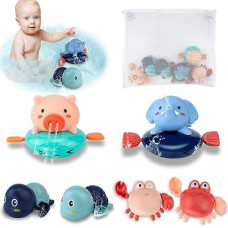 Kendyy Toddlers Bath Toy, Manual Wind-Up Crab & Turtle Baby Bathtub Toys, Pull Rope Pig & Elephant Shower Tool For Swimming Pool,Birthday For 4 5 6 Years Old,6Pcs +1 Organizer