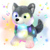 Hopearl Led Musical Stuffed Husky Lighting Up Singing Plush Dog Adjustable Volume Lullaby Animated Soothe Birthday Gift For Kids Boys Girls, Gray, 12''