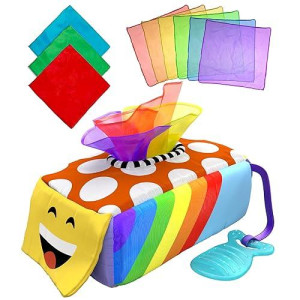Montessori Tissue Box Sensory Toy For Baby Toddler, Pull, Sort, Crinkle, Colors And Patterns - Gift For 6 Months+, 1 2 3 Years