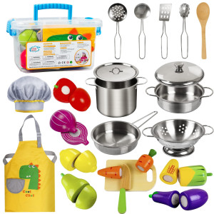 Sundaymot Play Kitchen Accessories, Wooden Play Food, Cooking Set With Stainless Steel Cookware Pots And Pans Utensils, Apron, Chef Hat, Cutting Food Kitchen Playset For Girls And Boys