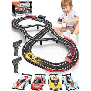 Electric Racing Tracks For Boys And Kids Including 4 Slot Cars 1:43 Scale With Headlights And Dual Racing, Race Car Track Sets With 2 Hand Controllers, Gift Toys For Children Over 8 Years Old