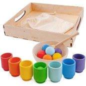Ulanik Rainbow Balls In Cups Toddler Montessori Toys For 1+ Year Old Kids Wooden Matching Game For Learning Color Sorting And Counting - 7 Balls, 1.18 In
