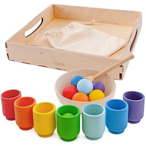 Ulanik Rainbow Balls In Cups Toddler Montessori Toys For 1+ Year Old Kids Wooden Matching Game For Learning Color Sorting And Counting - 7 Balls, 1.18 In