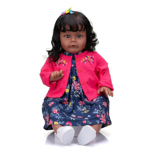 Ninonina Lifelike 24 Inch African American Reborn Baby Dolls Black Silicone Girl Doll With Curly Hair Open Eyes Look Real Life