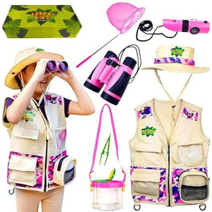 KidzPlay Bug Hunting Kit, Pink Vest, Hat, Binoculars, Lg. Net, Bug Container, Whistle, Flashlight, Magnifier, Thermostat, Compass, Tweezers