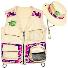 Safari Kidz Outdoor Explorer Kit - Pink Camouflage Cargo Vest And Hat Set, Backyard Nature Adventures, Washable Costume