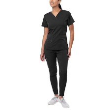 Adar Uniforms Women'S Flawless Plus Scrub Set Elevated V-Neck Top & Jogger Pants - P9600 - Black - Xxs