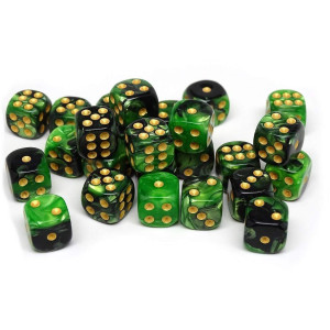 25 Count Pack Of 12Mm D6 Dice - Matching Collection Of 6 Sided Dice With Pips (Green And Black Swirl)