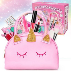 Toy Life Kids Real Make Up Kit For Girls Washable, Non Toxic Make Up Set Makeup For Kids 8-12 With Pink Unicorn Bag Pretend Play Set For Toddler Makeup For Little Girl Toys Ages 3 +