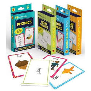 Carson Dellosa 4-Pack Reading Flash Cards For Kids Ages 4-8, Phonics Flash Cards, Sight Words Flash Cards, Word Family, And Picture Words, Kindergarten, 1St Grade, And 2Nd Grade