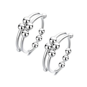 Silver Adjustable Fidget Rings, Anxiety Relief Ring, Anti-Worry Bead Rings Spinner Ring Gift For Women Men Girls