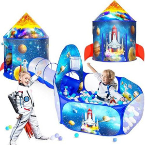 Geerwest 3Pc Ball Pits For Toddlers With Kids Play Tent And Kids Tunnel For Boys & Girls, Baby Pop Up Playhouse Toy For Indoor/Outdoor Games, Astronaut Ships Birthday Gifts For Years Old