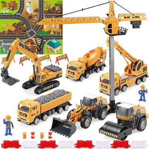 Dolive Construction Site Vehicles Toy With Mat, Crane Toy Tractor, Tower Crane Truck, Dump Trucks, Excavator, Cement Mixer Trucks, Kids Engineering Playset For 3+ Year Olds Boys Girls