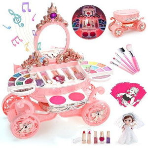 Kids Makeup Kit For Girl, 3 In 1 Play Makeup Set With Washable & Non-Toxic Cosmetic Vanity, Real Make Up Girls Toys, Princess Doll & Cards For Pretend Play, Toddler Birthday Gift For 3-6-8 Years Old