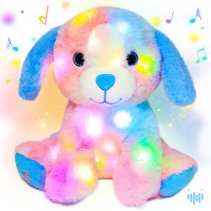 Hopearl Led Musical Stuffed Puppy Light Up Singing Plush Toy Adjustable Volume Lullaby Animated Soothe Birthday Festival For Kids Toddler Girls, Rainbow, 10.5''
