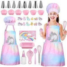 Gemeer Children�S Cooking And Baking Set 34-Pcs Includes Apron For Little Girls,Chef Hat, Oven Mitt & Utensil To Dress Up Chef Career Role Play For 8-12 Years