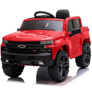 Kidzone 12V Battery Powered Licensed Chevrolet Silverado Trail Boss Lt Kids Ride On Truck Car Electric Vehicle Jeep With Remote Control, Mp3, Led Lights - Red