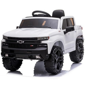 Kidzone 12V Battery Powered Licensed Chevrolet Silverado Trail Boss Lt Kids Ride On Truck Car Electric Vehicle Jeep With Remote Control, Mp3, Led Lights - White