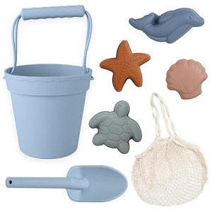 Blue Ginkgo Modern Baby Sand Toys | Travel Friendly | Silicone Bucket, Shovel, 4 Molds, Beach Bag For Toddlers, Kids - Blue