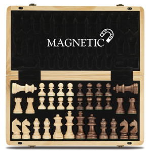 A&A 15 Inch Foldable Wooden Magnetic Chess Set W/ 3 Inch King Height Staunton Chess Pieces - Pine Box W/ Mahogany & Maple Inlay