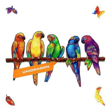 Unidragon Original Wooden Jigsaw Puzzles - Playful Parrots, 193 Pcs, Medium 17.3"X9.8", Beautiful Gift Package, Unique Shape Best Gift For Adults And Kids