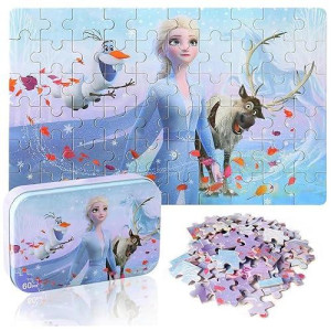 Lelemon Elsa Puzzles For Kids Ages 4-8,60 Piece Disney Puzzles For Kids Ages 3-5,Frozen Jigsaw Puzzles Kids Puzzles In A Metal Box,Educational Learning Puzzle Toys Gifts For Girls And Boys