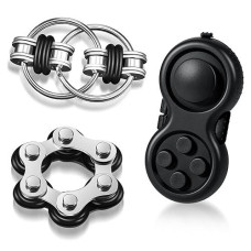 3 Pieces Handheld Mini Sensory Fidget Toy Set Includes Six Roller Chain And Key Flippy Chain Bike Chain Fidget Handheld Fidget Pad Stress Relief Toys For Adults Teens Relieve Stress(Black)