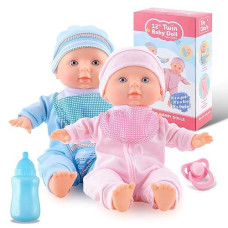 Toy Choi'S Twin Baby Doll 12 Inch Soft Body Baby Doll Set With Rompers And Hat Pacifier, Doll Bibs For Baby For 2 3 4 5 Year Old Boys And Girls, Toddlers, Kids