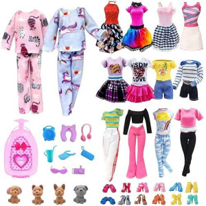 28 Pack Girl Dolls Clothes And Accessories, 2 Storytelling Pajamas, 3 Fashion Dresses, 3 Clothing Outfits, 10 Shoes, Travel Set For 11.5 Inch Dolls, Mini School Supplies