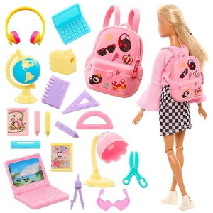 Enocht 19 Pcs Girl Doll School Accessories Mini Doll Backpack Mini Desk Lamp Laptop Mini Globe Glasses And Headset For 11.5 Inch Doll School Playset