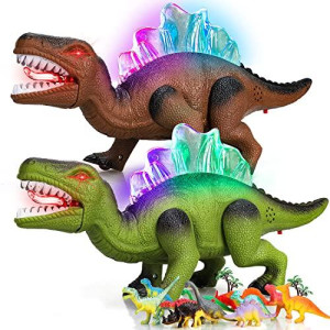 Steam Life 2 Pack Walking Dinosaur Toys For Kids 3-5 5-7, Robot Dinosaur Mouth Moves Roars Lights Up With 12 Pcs Mini Dinosaur Figures, Electronic Dino Toys Gift For Boys And Girls(Green&Brown)