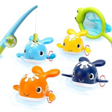 Bessentials Magnet Baby Bath Fishing Toys - Wind-Up Swimming Whales Bathtub Toy Fishing Game, Water Tub Toys Set With Fishing Pole & Net For Toddler Kids 3 4 5 6 Years Old