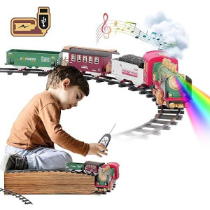 Train Set For Christmas Tree, Updated Chargeable Remote Control Electric Train Toy For Boys Girls W/Smokes, Lights & Sound, Railway Kits W/Steam Locomotive Engine, For 2 3 4 5 6 7 8+ Year Old Kids