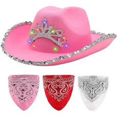 Spooktacular Creations Light Up Pink Cowboy Hat With 3 Bandanas Felt Led Cowgirl Hat For Women Girls Blinking Tiara Sequin Princess Space Cowgirl Hat Halloween Costume Party