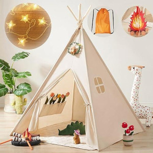 Kids-Teepee-Tent With Lights & Campfire Toy & Carry Case, Natural Cotton Canvas Toddler Tent - Washable Foldable Teepee Tent For Kids Indoor Tent, Outdoor Play Tent For Girls & Boys