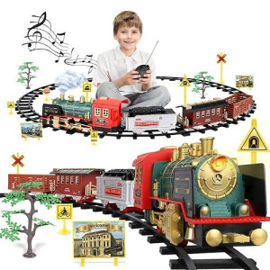 Christmas Electric Train Set With Steam, Sound & Light, Remote Control Train Toys W/Steam Locomotive Engine, Cargo Cars & Tracks, Toy Train W/Rechargeable Battery For Kids Boys 3 4 5 6 7 8 Year Old