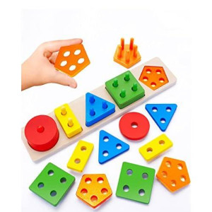 Montessori Toys For 1 2 3 4 Year Old Toddlers, Wooden Sorting & Stacking Toys (3 In 1 Multi_Play) For Toddlers Preschool,Color Recognition Shape Sorter Toy,Wooden Educational Toys,Puzzles For Kids