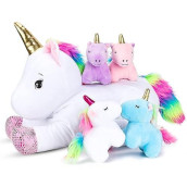 16Inch Unicorn Stuffed Animals -Unicorn Gifts For Girls -5 In 1 Plush Mommy Unicorn Playset With 4 Babies Unicorns Doll Surprise Toy