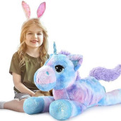 Tezituor 32In Giant Rainbow Blue Unicorn Plush Toy, Cute Stuffed Animal, Birthday Decorations & Gifts For Girls & Children