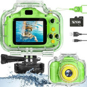 Miiulodi Kids Waterproof Camera - Birthday Gifts For 3 4 5 6 7 8 9 10 Year Old Boys 2 Inch Ips Screen Underwater Action Camera With 32 Gb Sd Card, Pool Toys For Kids Age 8-12 Green